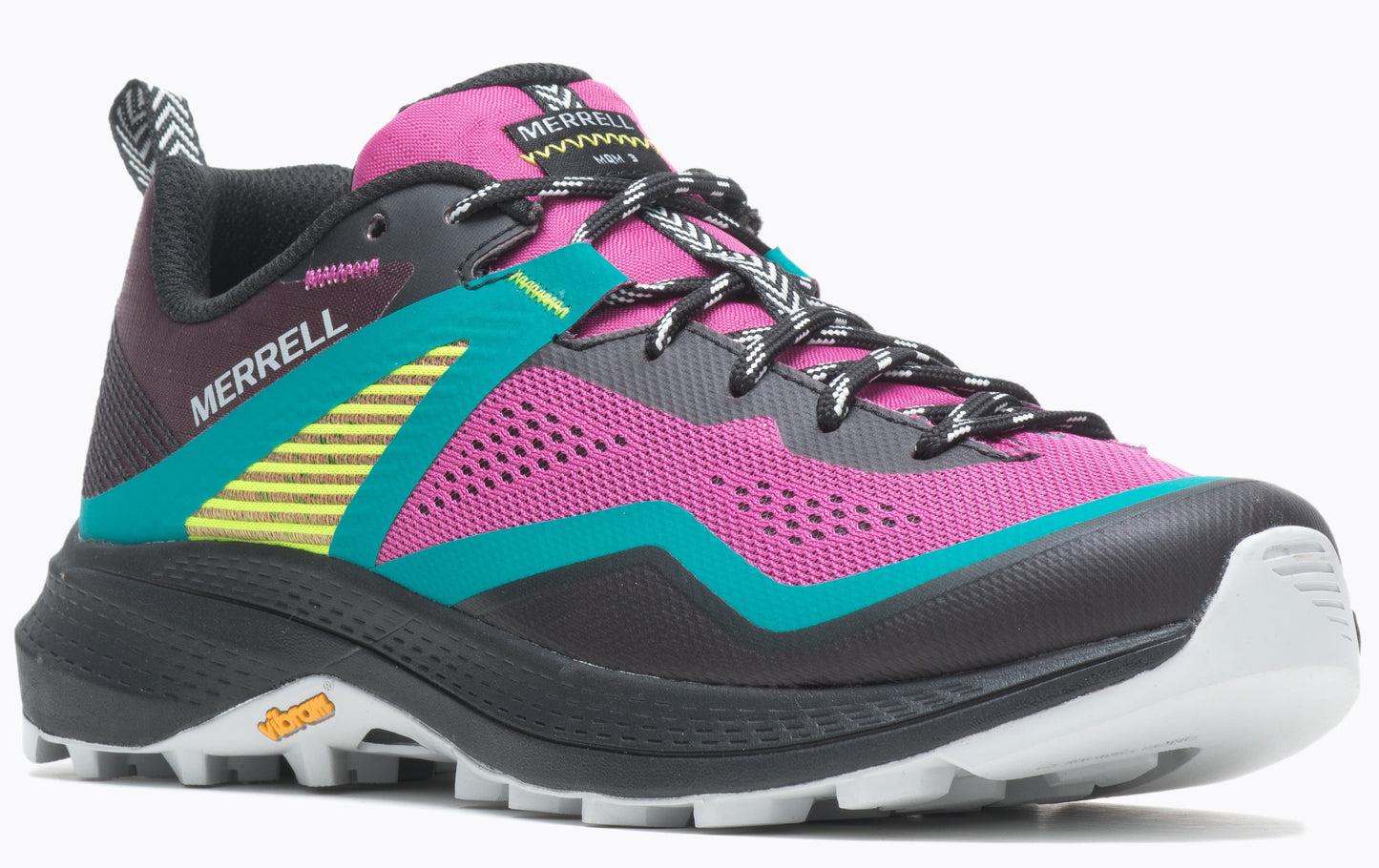 A trail running shoe with a magenta mesh upper, a teal trim, and a thick black sole. The word "MERRELL" is printed on the heel.