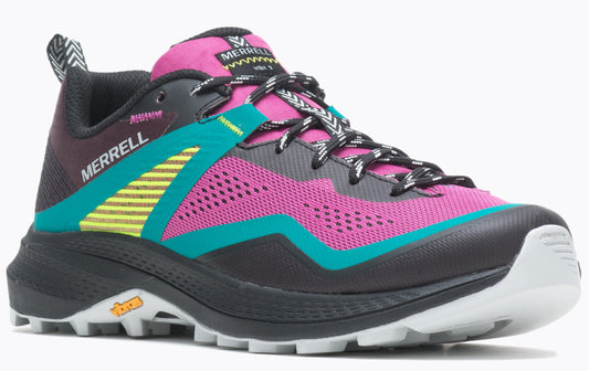 A trail running shoe with a magenta mesh upper, a teal trim, and a thick black sole. The word "MERRELL" is printed on the heel.