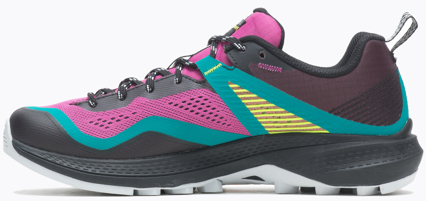 Side view of a shoe featuring pink mesh, teal stripes, black and white laces, and a chunky black sole with white accents.