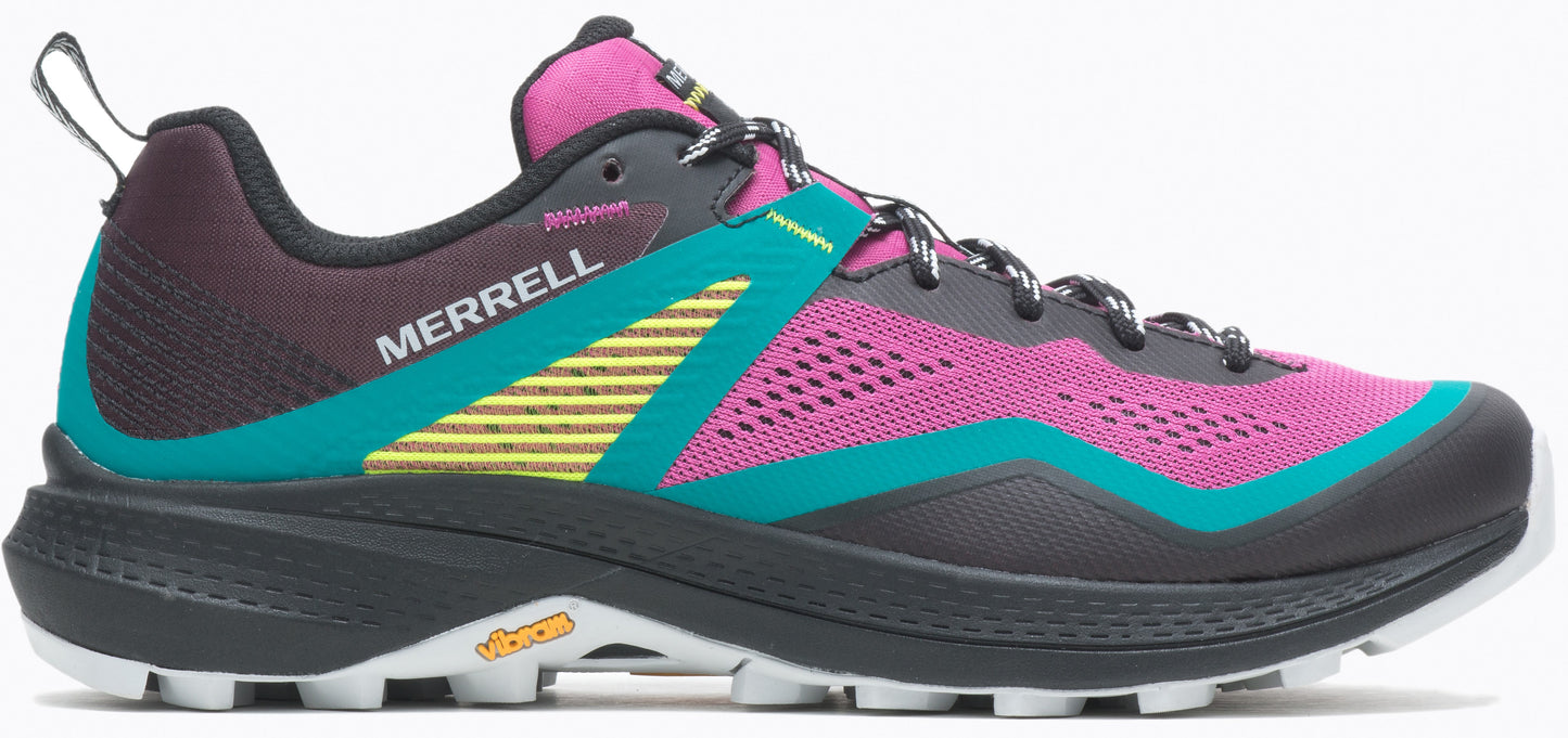 A running shoe in purple, teal, black and yellow with black and white laces.
