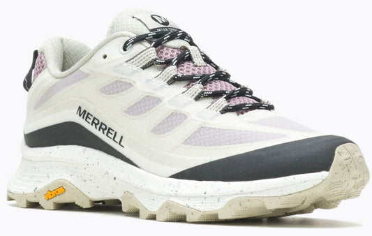 A low-cut, off-white athletic shoe with black accents, speckled sole and "MERRELL" printed on the side.