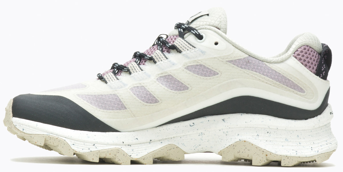Off-white running shoe with gray accents and speckled sole.