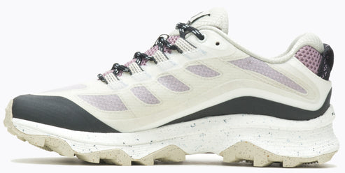 Off-white running shoe with gray accents and speckled sole.
