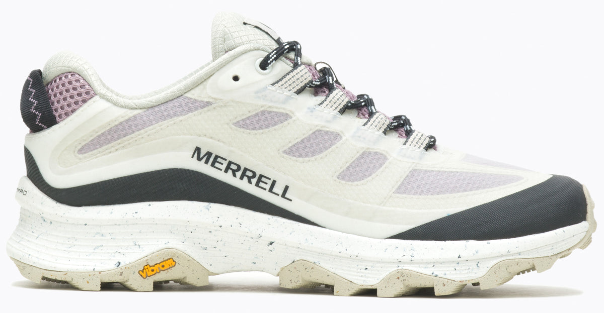 Low-cut athletic shoe, white upper with grey accents, black laces, "MERRELL" in black lettering, speckled white and grey sole with Vibram traction.