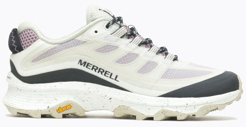 Low-cut athletic shoe, white upper with grey accents, black laces, "MERRELL" in black lettering, speckled white and grey sole with Vibram traction.