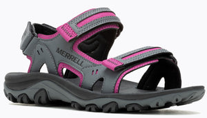 Gray sandal with pink straps and black sole.