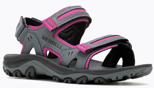Gray sandal with pink straps and black sole.