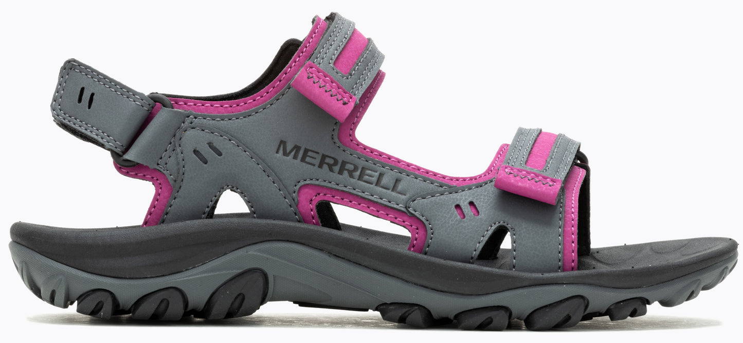 A gray sandal with pink accents.