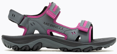 A gray sandal with pink accents.