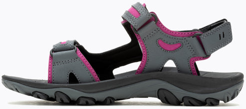 Gray and pink sandal with adjustable straps.