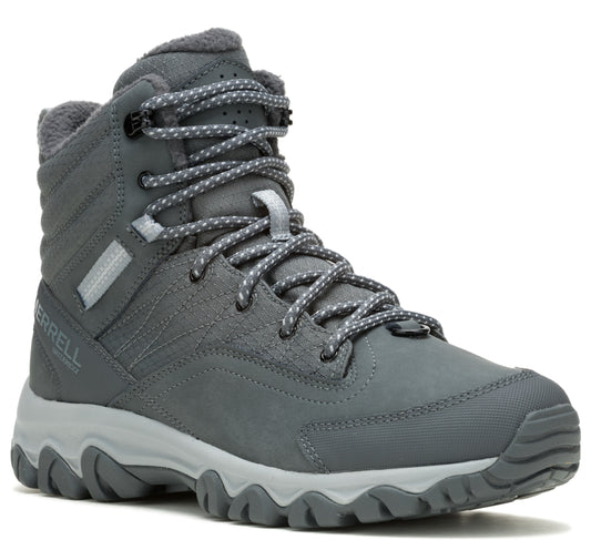 Grey, high-top boot with decorative laces, fur lining, and a thick, ridged sole.