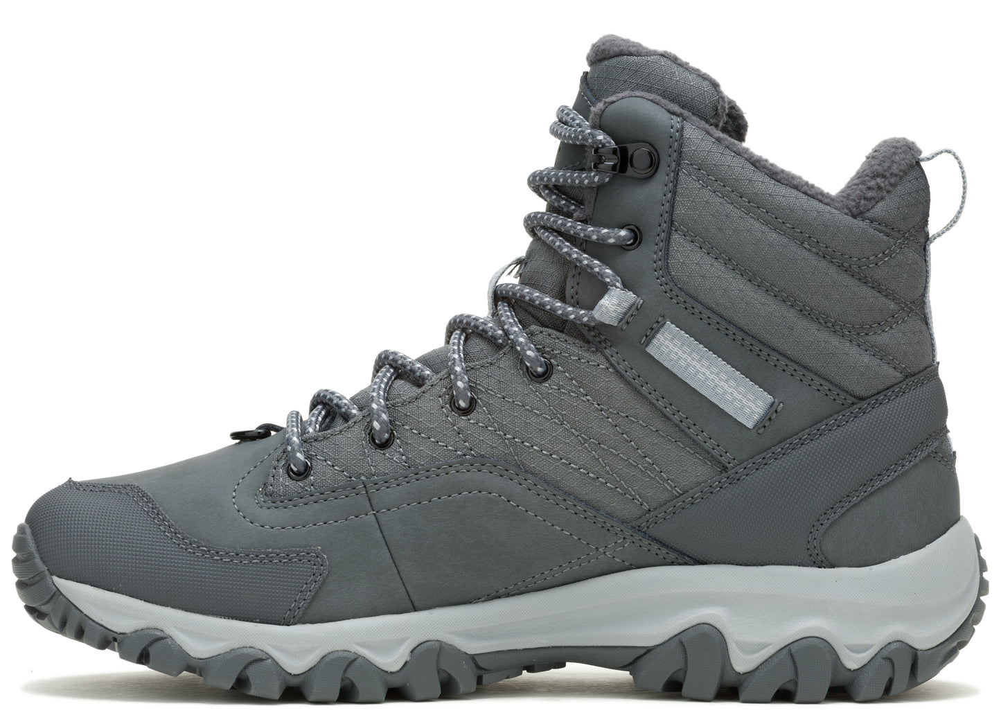 Gray hiking boot with gray laces and sole.