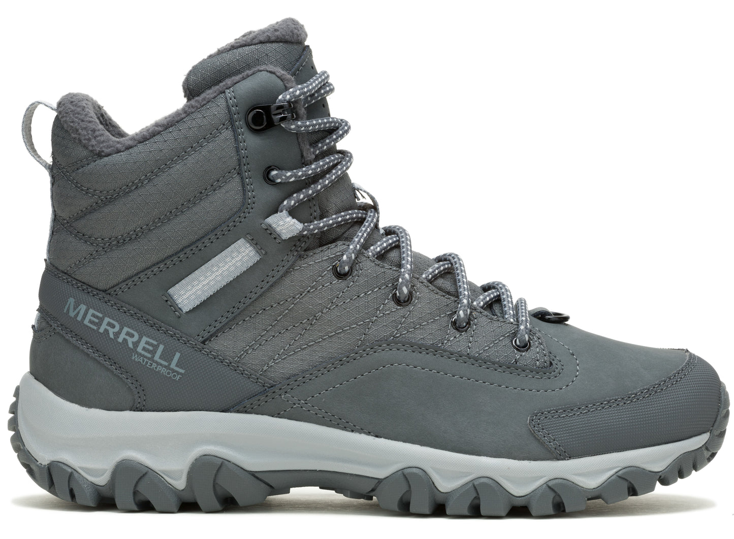Grey waterproof hiking boot with grey and white laces.