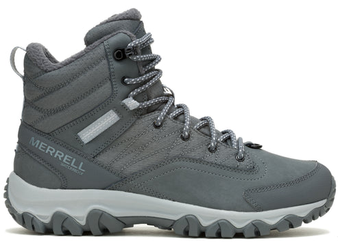 Grey waterproof hiking boot with grey and white laces.