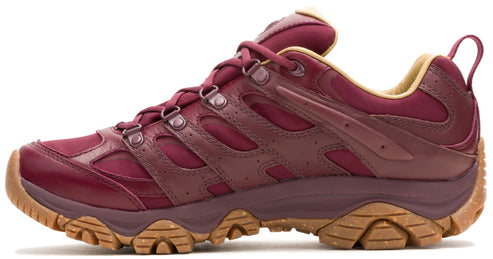 Red leather hiking shoe with tan sole and shoelaces, featuring metal eyelets and a heel loop.