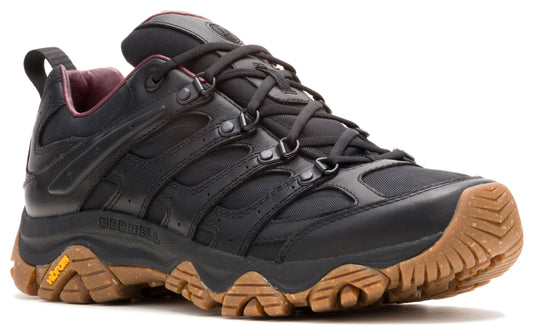 A black hiking shoe with a brown lug sole, black laces, and a pull tab on the heel.