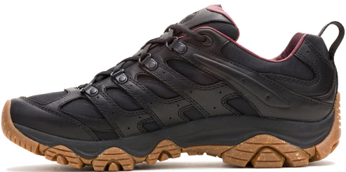 A black trail shoe with a brown sole.