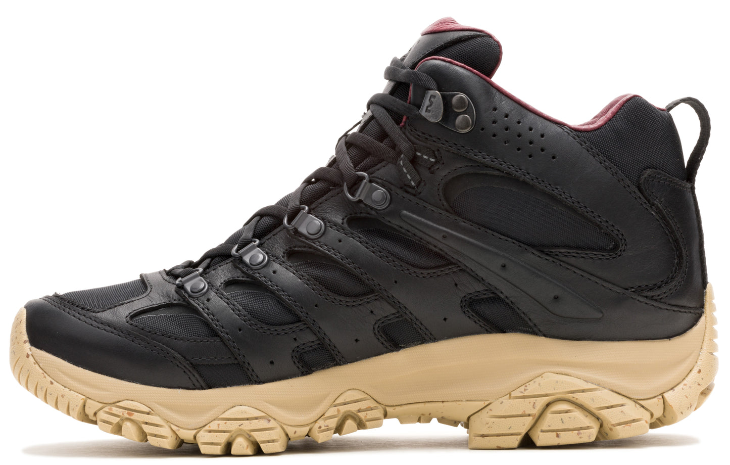 Hiking boot, ankle-high, lace-up, black leather upper, tan sole.