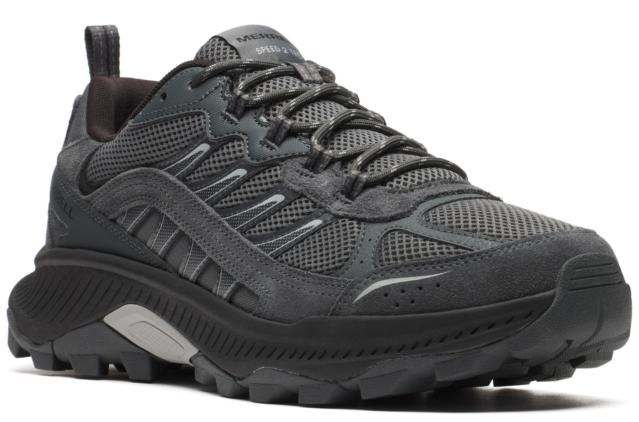 Gray trail shoe with mesh and suede-like overlays, thick black sole.