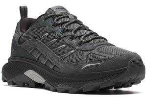 Gray trail shoe with mesh and suede-like overlays, thick black sole.