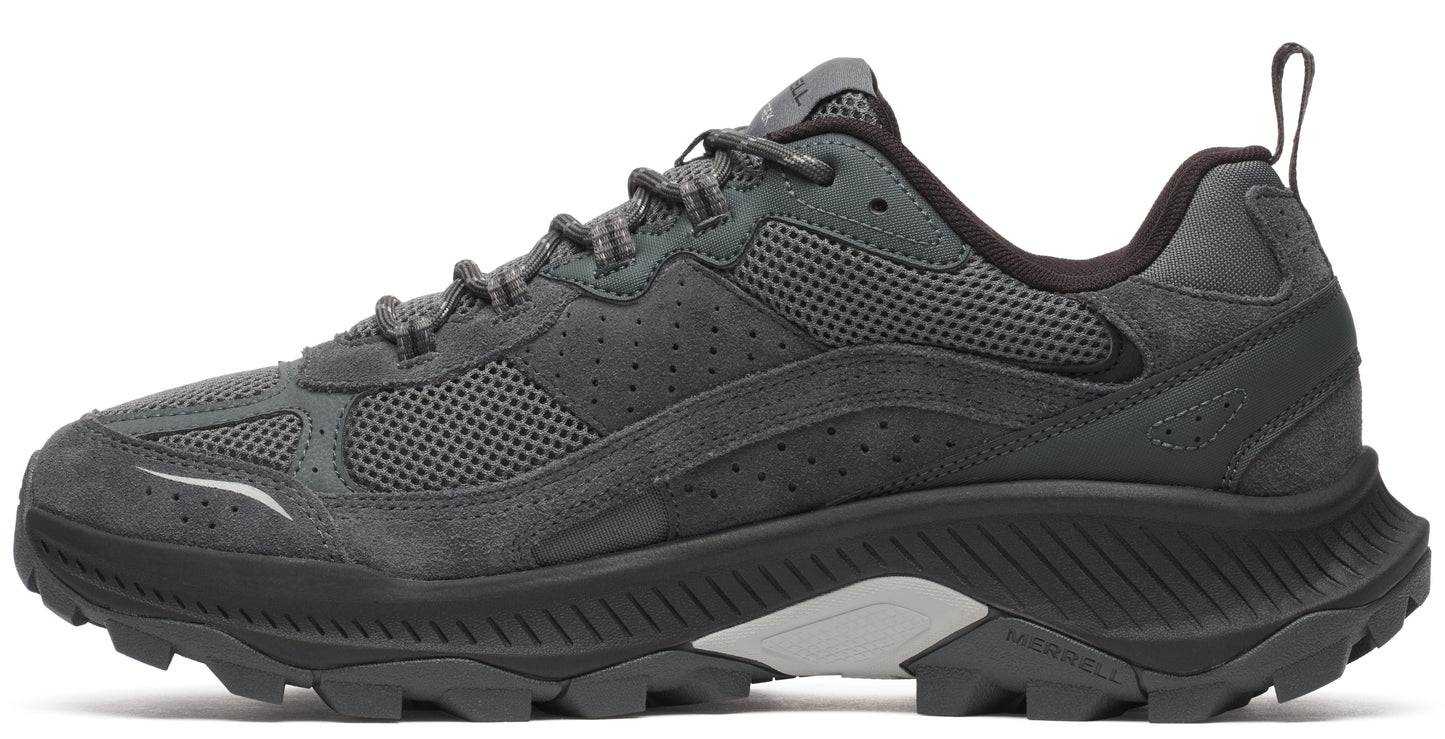Side view of gray mesh athletic shoe with black sole.