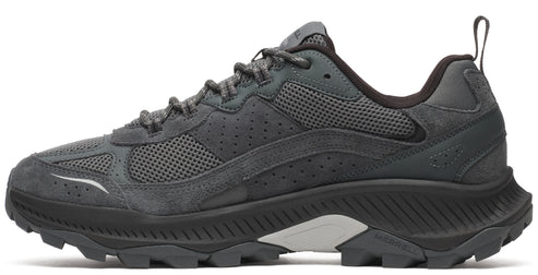 Side view of gray mesh athletic shoe with black sole.