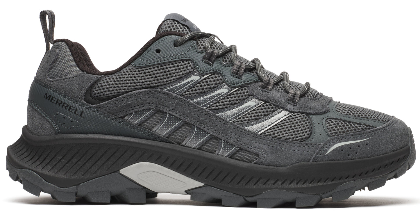 Gray low-top running shoe with mesh and suede overlays and a thick black sole.