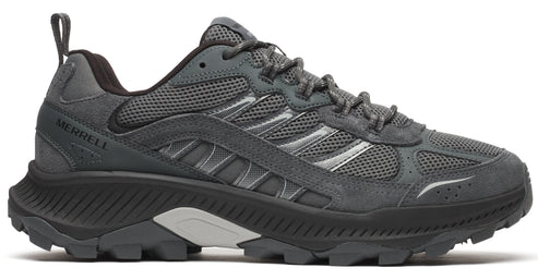 Gray low-top running shoe with mesh and suede overlays and a thick black sole.