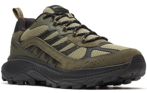 Olive green hiking shoe with black laces and sole, featuring a mesh upper with suede overlays.