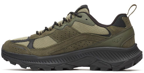 Olive green trail running shoe with black sole and laces.
