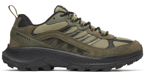 Olive green trail running shoe with black sole and black laces.