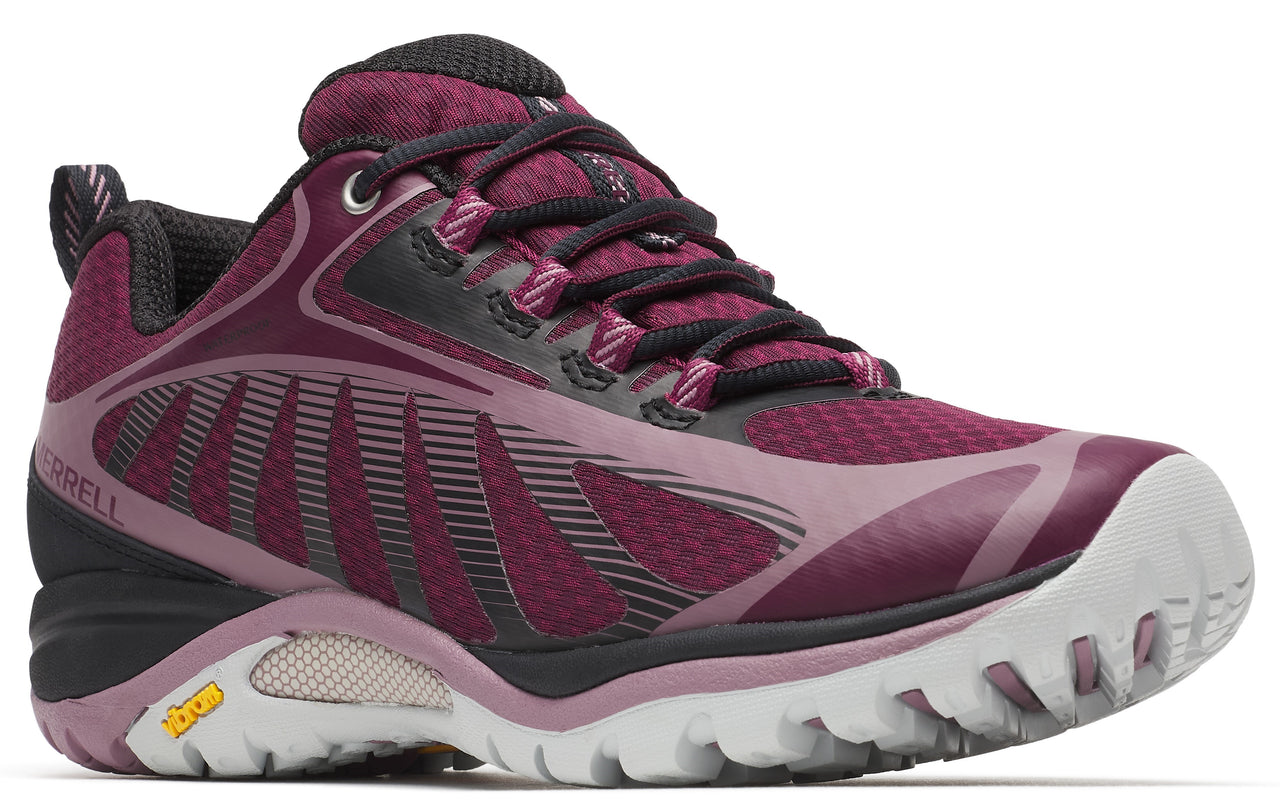 Burgundy athletic shoe with dark laces and a gray sole.