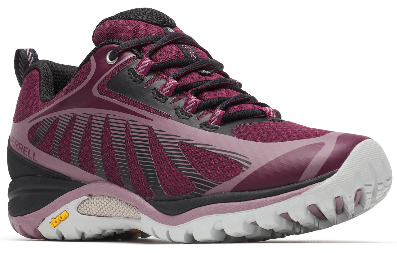 Burgundy athletic shoe with black laces, gray and black details, and a white lugged sole.