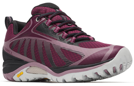Burgundy athletic shoe with black laces, gray and black details, and a white lugged sole.