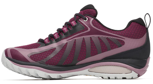 A maroon running shoe with black accents and white sole.