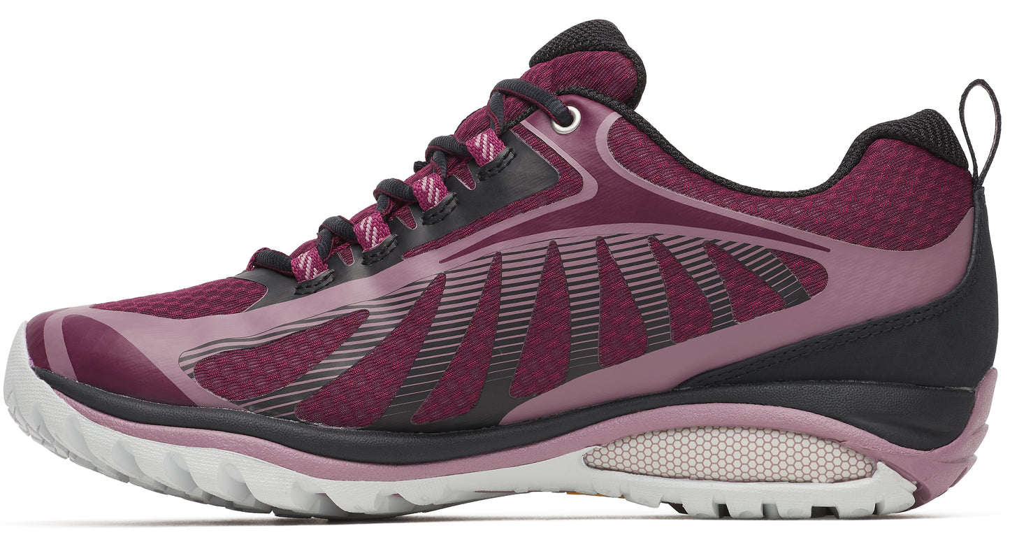 Maroon running shoe with mesh upper and white sole.