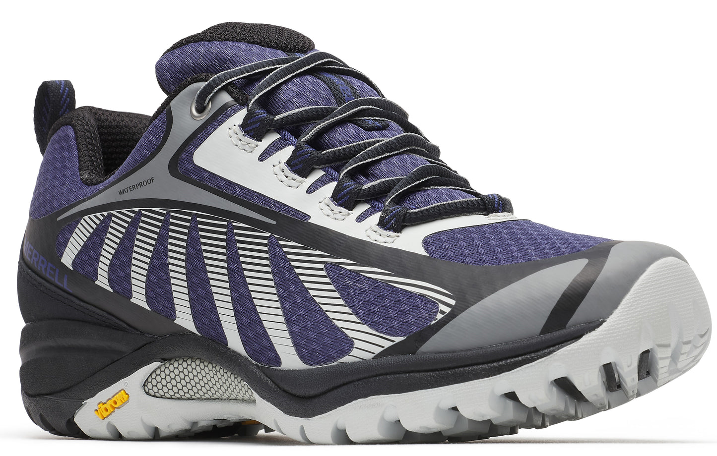Low profile trail shoe with navy and gray accents, black laces, and a light gray sole.