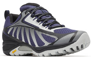 Low profile trail shoe with navy and gray accents, black laces, and a light gray sole.