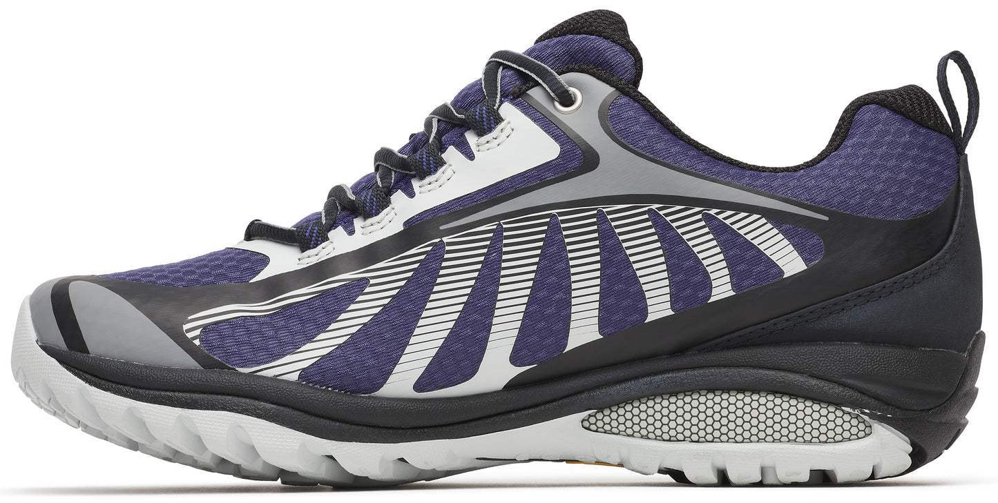 Trail running shoe, side view: dark blue mesh upper with black and gray accents, white midsole, and gray outsole.