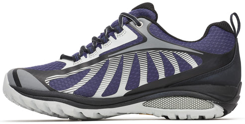 Trail running shoe, side view: dark blue mesh upper with black and gray accents, white midsole, and gray outsole.