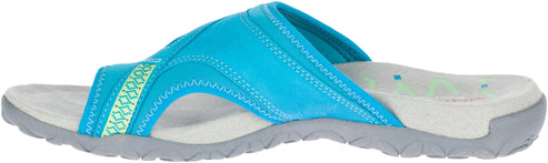 A blue slide sandal with green accents.