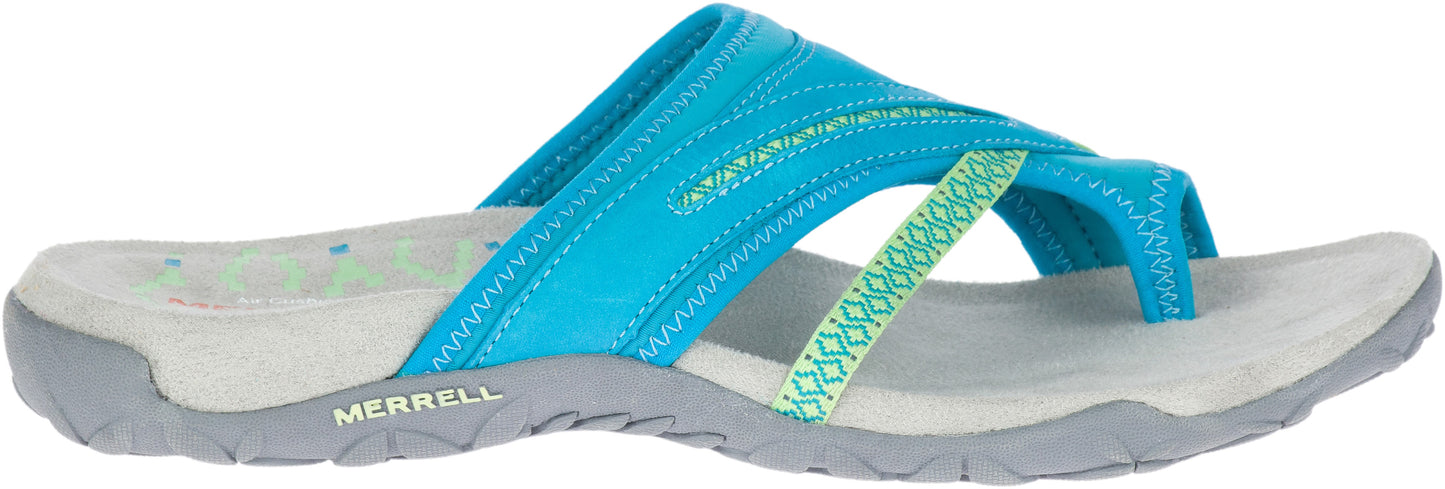 A pair of turquoise and light green sandals with toe posts.