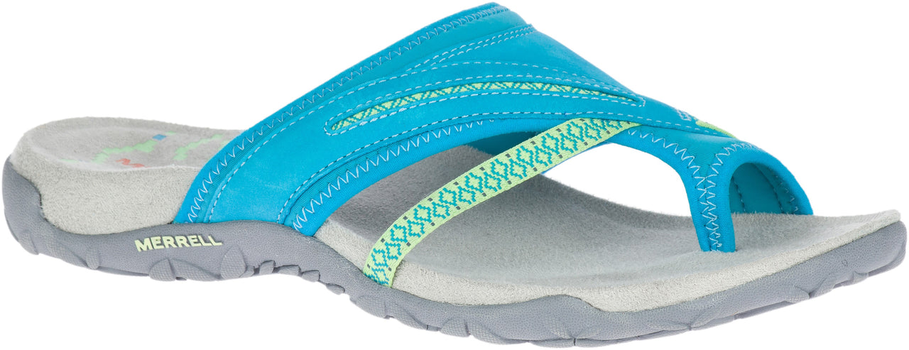 A blue flip-flop sandal with a toe loop and MERRELL text on the sole.