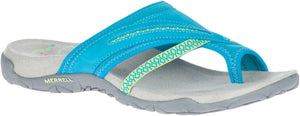 A blue flip-flop sandal with a toe loop and MERRELL text on the sole.