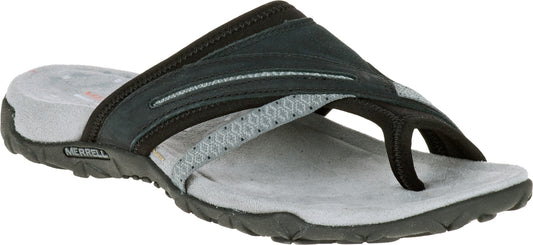 A gray and black sandal with toe post.