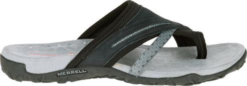 a gray sandal with black straps