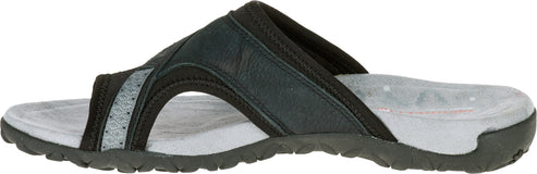 A black sandal with a criss-cross strap design.