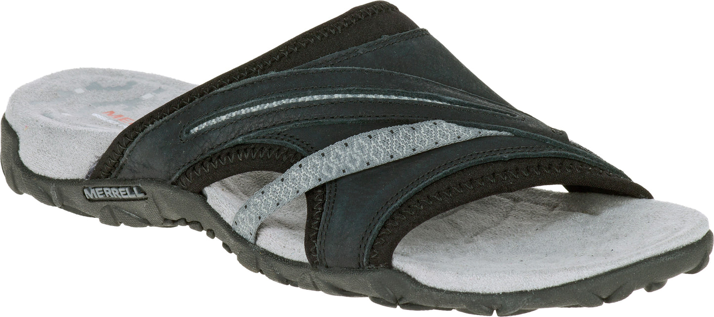 A black and grey slide sandal.