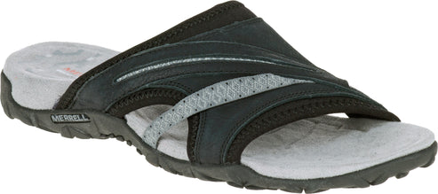 A black and grey slide sandal.