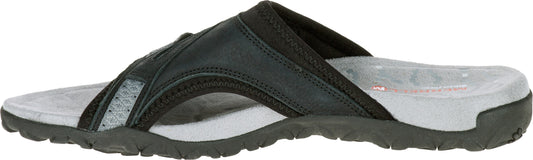 A black sandal with a textured sole.